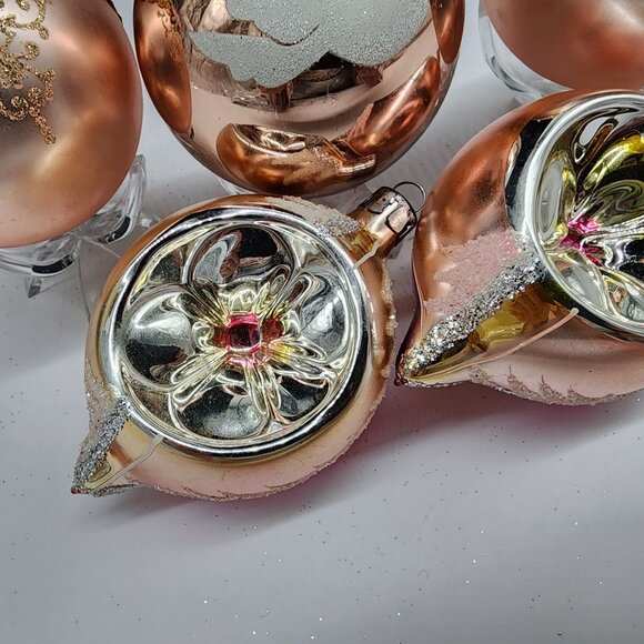 Vintage Rose Gold Glass Christmas Ornaments Set Of 5 With Floral & Dove Design - Picture 4 of 7